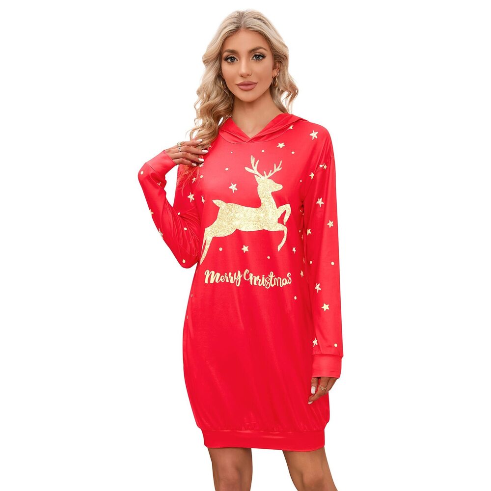 9899 Plus Size Hoodie Dress Xmas Cute Reindeer Snowflake Print T-Shirt